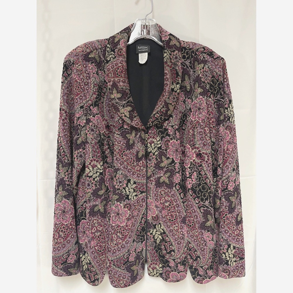 MSK Zip-Up Jacket Women's 2X Black Pink Paisley Floral Gold Metallic Embellished